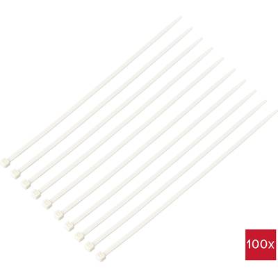 Elf weiße Kabelbinder aufgereiht, darunter ein rotes Quadrat mit der Aufschrift '100x', das die Menge angibt.