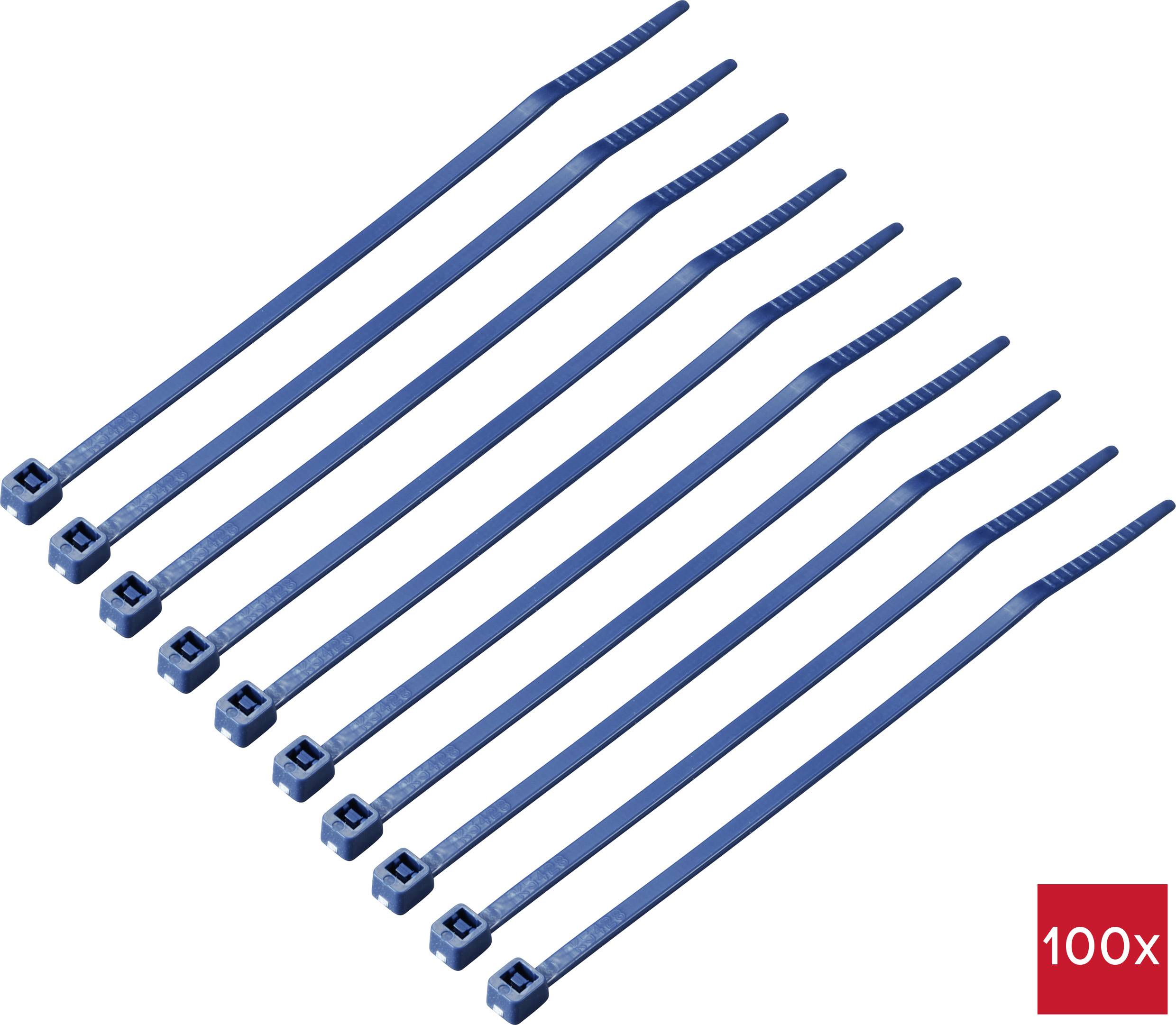 Zehn blaue Kabelbinder nebeneinander, mit einem roten Feld rechts unten, das '100x' anzeigt, was auf die Menge hinweist.