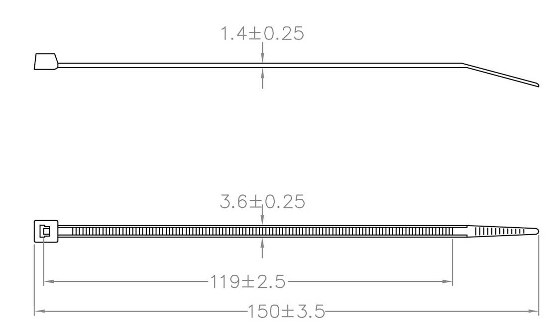 Zeichnung eines Kabelbinders mit Maßen: Breite 1,4 mm, Länge 150 mm. Kopf ist quadratisch mit 3,6 mm Breite. Längenteil hat gezackte Struktur für Verriegelung.