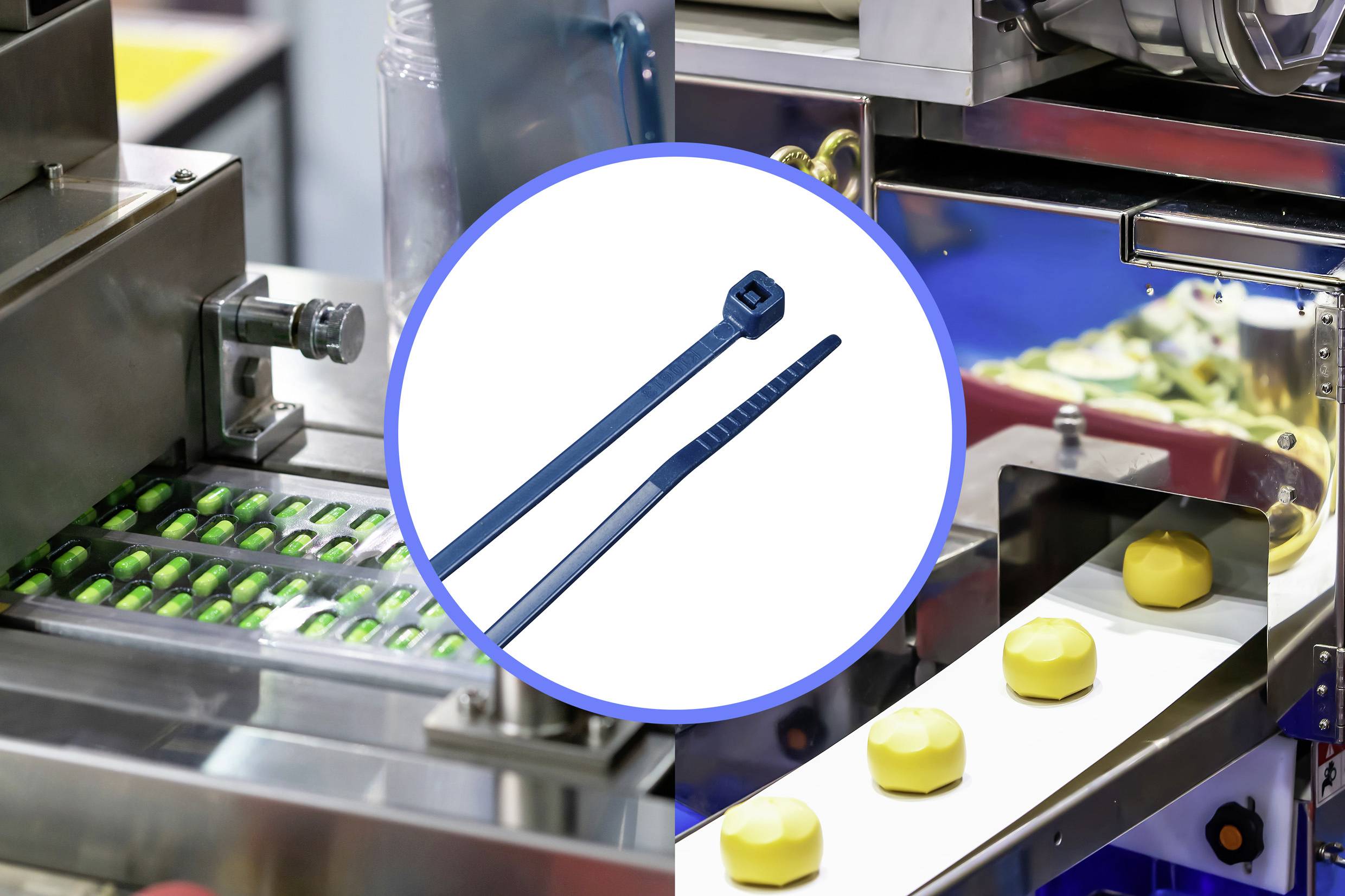 Eine Maschine verpackt Tabletten, daneben Kabelbinder; rechts ein Förderband mit gelben Gebäckstücken. Thema: Verpackungsprozess.