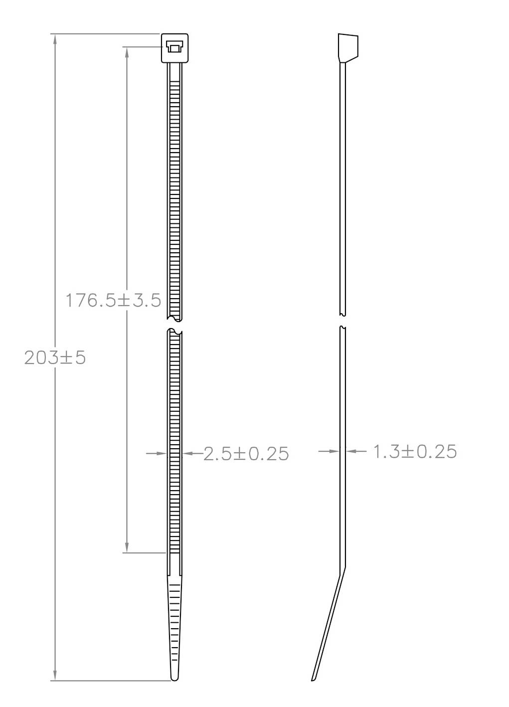 Technische Zeichnung eines Kabelbinders mit Maßen: Länge 203 mm, Bandbreite 2,5 mm, Kopfhöhe 4,7 mm. Draufsicht und Seitenansicht.