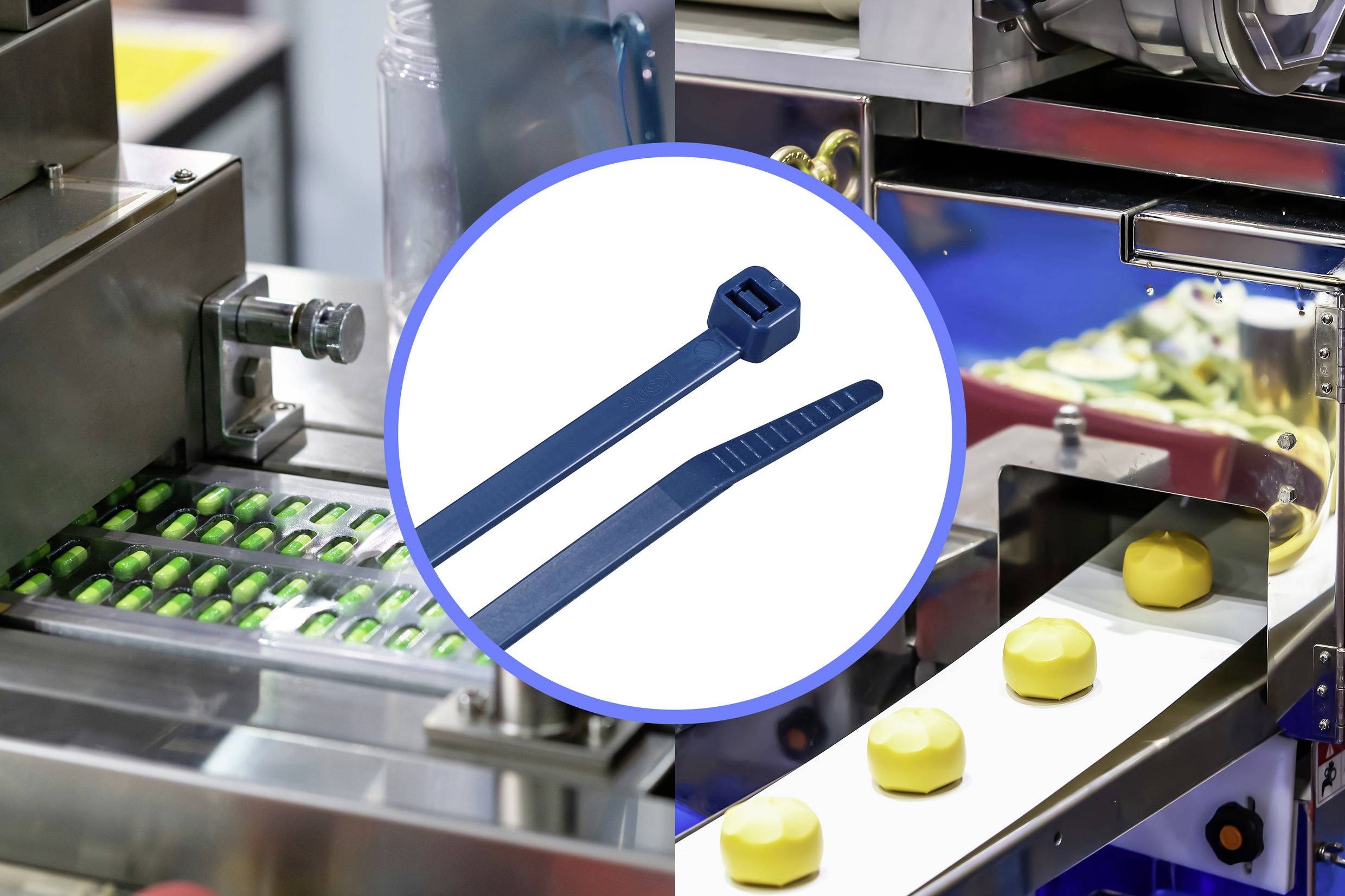 Produktionslinie mit Metallkomponenten und grünen Tabletten links; Kabelbinder und Produktionslinie mit gelben Objekten rechts.