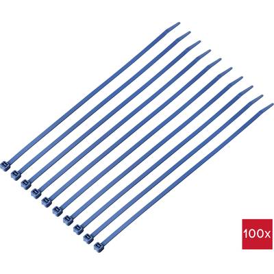 Zehn blaue Kabelbinder in einer Reihe, daneben ein rotes Quadrat mit '100x', was auf die Verpackungseinheit hinweist.