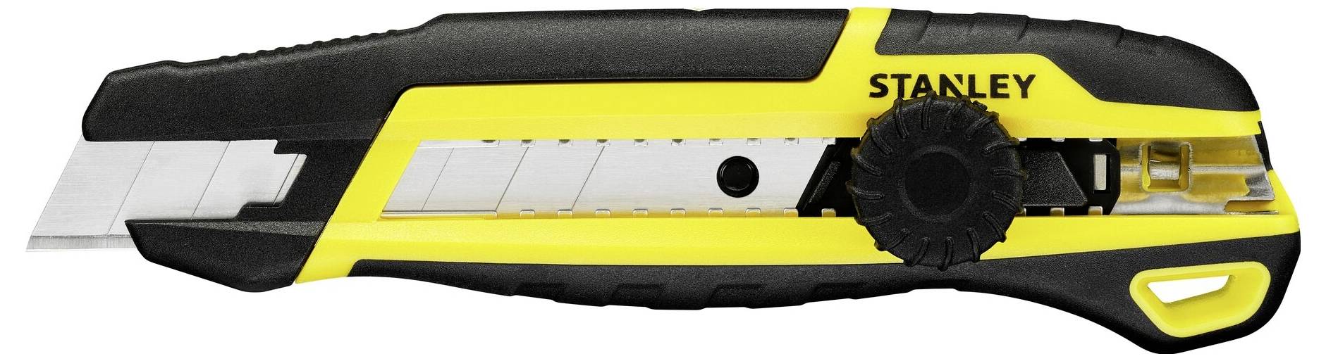 Ein gelbes und schwarzes Cuttermesser mit ausfahrbarer Klinge, markiert mit 'Stanley' am Griff.