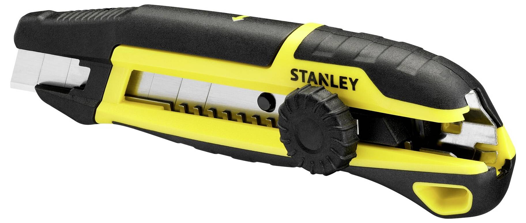 Schwarzes und gelbes Stanley-Cutter-Messer mit ausziehbarer Klinge, geeignet für Schneidearbeiten, seitliche Klingenarretierung.