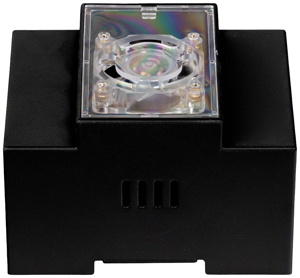 Ein schwarzes, rechteckiges Gerät mit einem transparenten, quadratischen Deckel oben. Unter dem Deckel befinden sich mehrere LEDs.