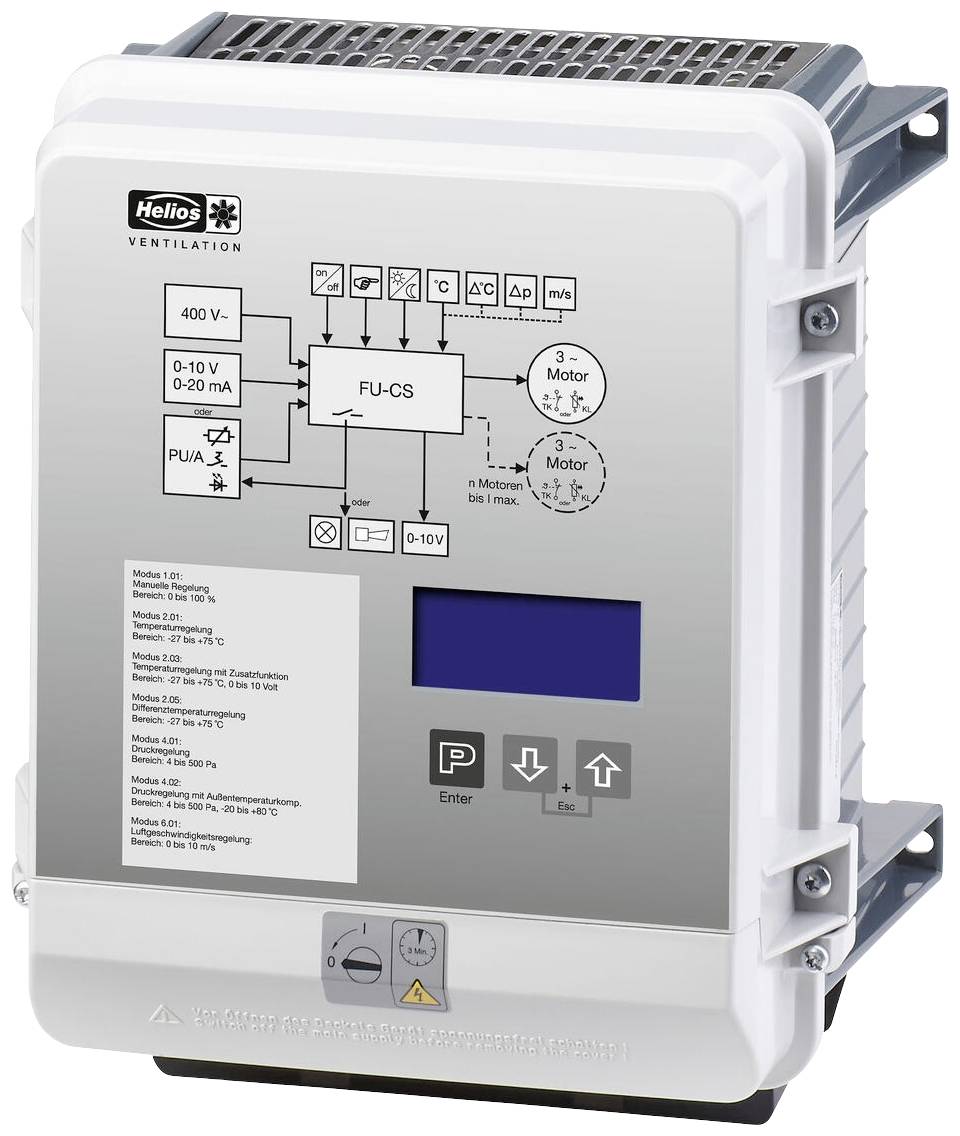 Ein Steuergerät mit Display, Diagramm und technischen Daten, verwendet zur Steuerung von Ventilationssystemen.