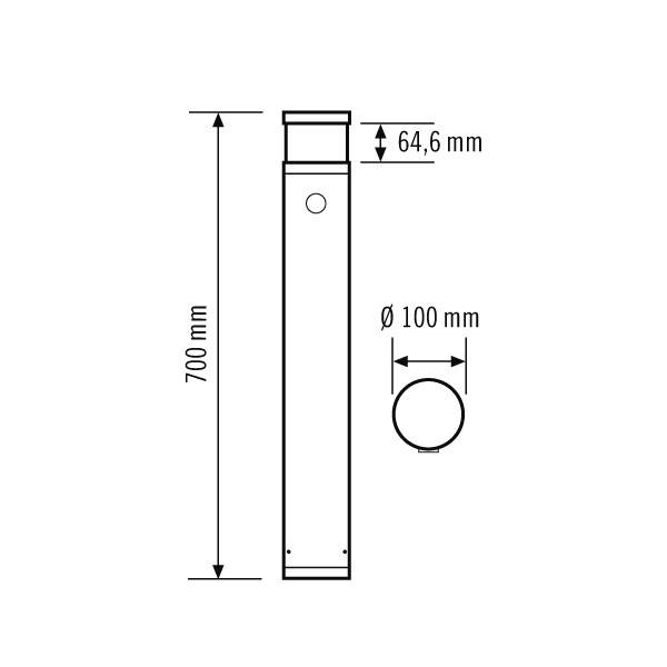 Technische Zeichnung eines zylindrischen Objekts. Seitenansicht zeigt eine Höhe von 700 mm, Durchmesser 100 mm, Lochdurchmesser 64,6 mm.
