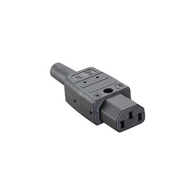 Ein schwarzer IEC C13 Netzkabelstecker, typisch für elektronische Geräteanschlüsse, vor weißem Hintergrund.