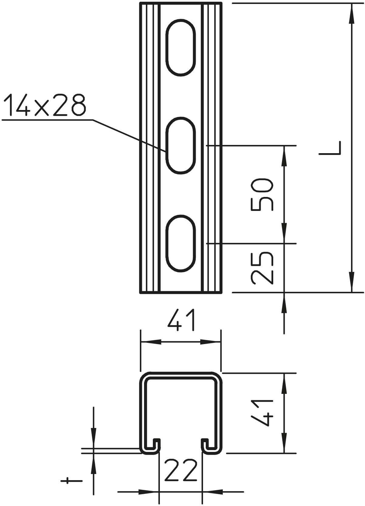 Technische Zeichnung eines Stahlprofils: Querschnitt U-förmig, Maße 41x41x22 mm. Drei ovale Löcher 14x28 mm, Abstand 50 mm.