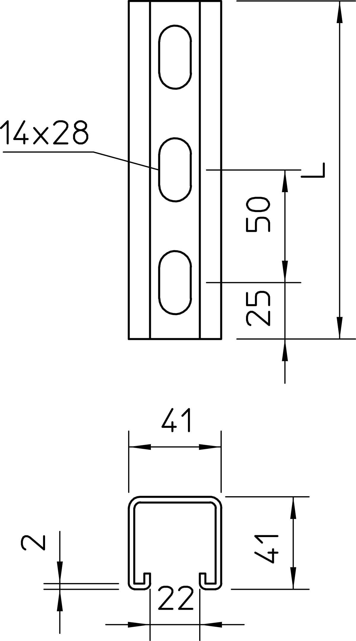 Technische Zeichnung eines Metallprofils mit Lochmustern. Maße: 14x28mm Löcher, 50mm Abstand, Querschnitt 41x41x2mm.