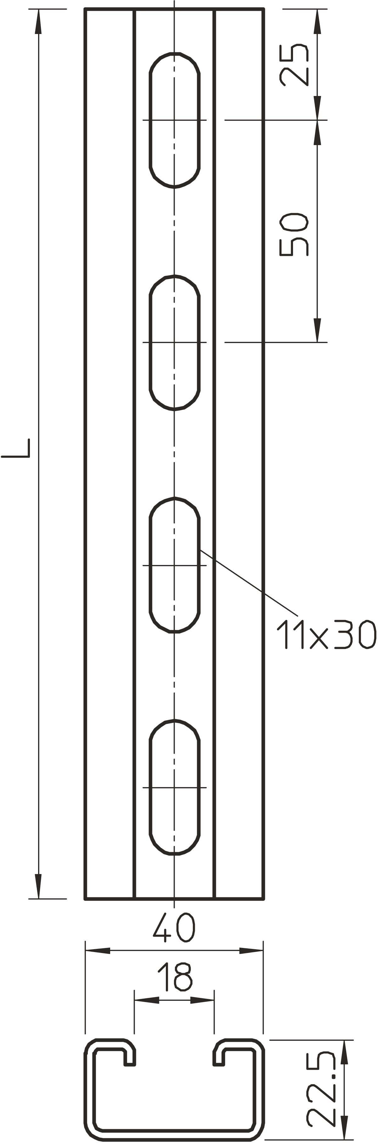 Technische Zeichnung eines Metallprofils mit ovalen Aussparungen und Maßen: 11x30 mm Aussparungen, Breite 40 mm, Höhe 22,5 mm.