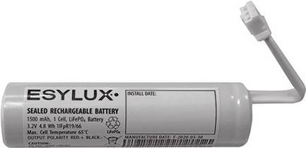 Eine zylindrische, wiederaufladbare Batterie der Marke ESYLUX mit einem Kabel, Kapazität von 1500 mAh, 3,2V.