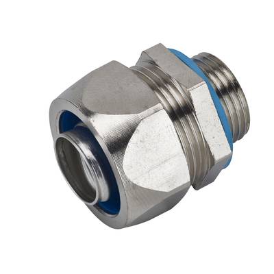 Metallverschraubung mit blauer Dichtung, zylindrische Form und Gewinde, zur Verbindung von Rohren oder Kabeln in technischen Anwendungen.