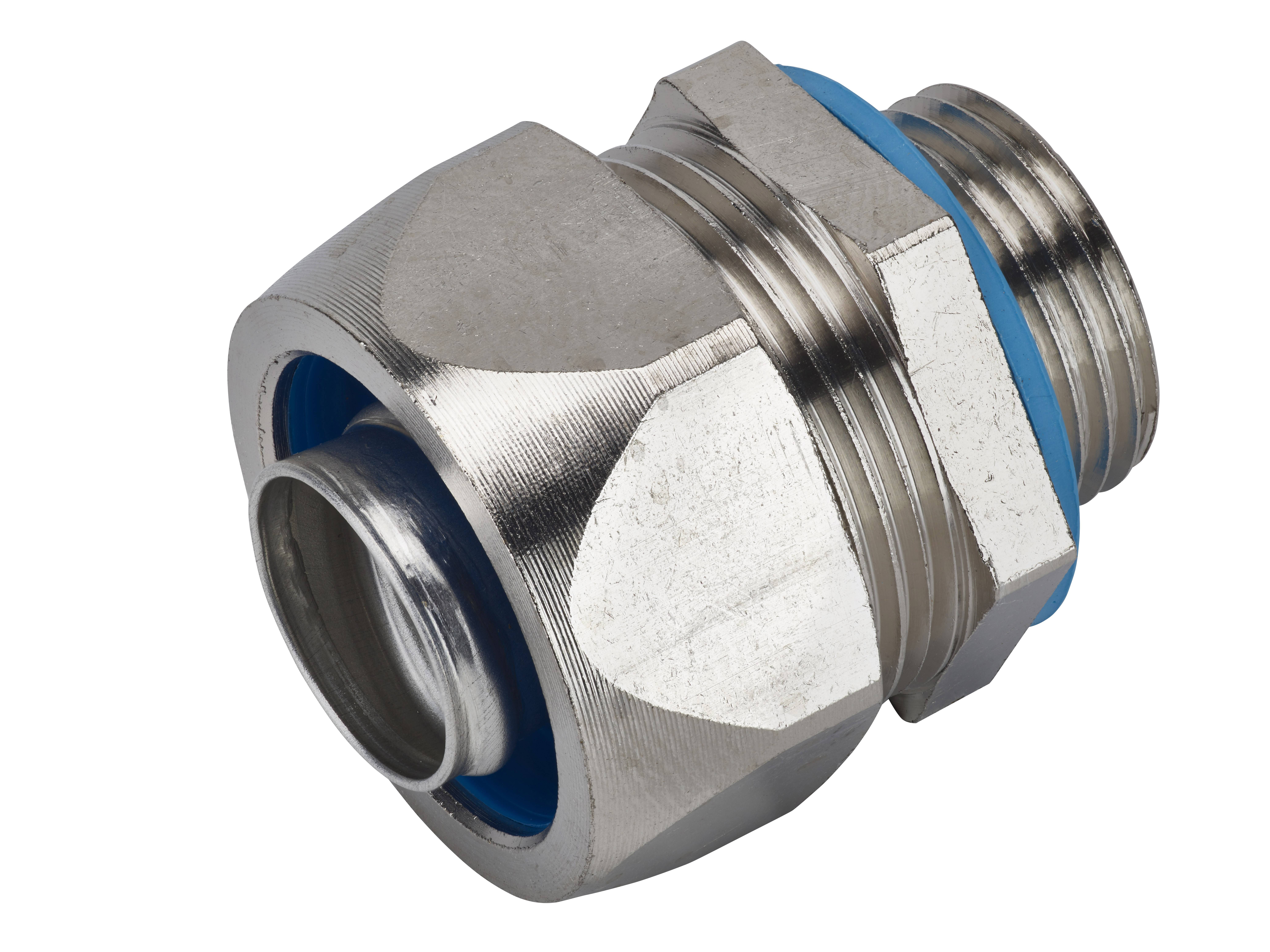 Metallene Kabelverschraubung mit blauem Dichtungsring, verwendet zur Befestigung und Abdichtung von Kabeln in elektrischen Gehäusen.