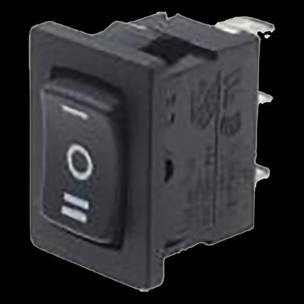 Ein schwarzer Kippschalter mit einem Ein/Aus-Symbol. Der Schalter hat zwei weiße Linien und ist für elektrische Geräte geeignet.