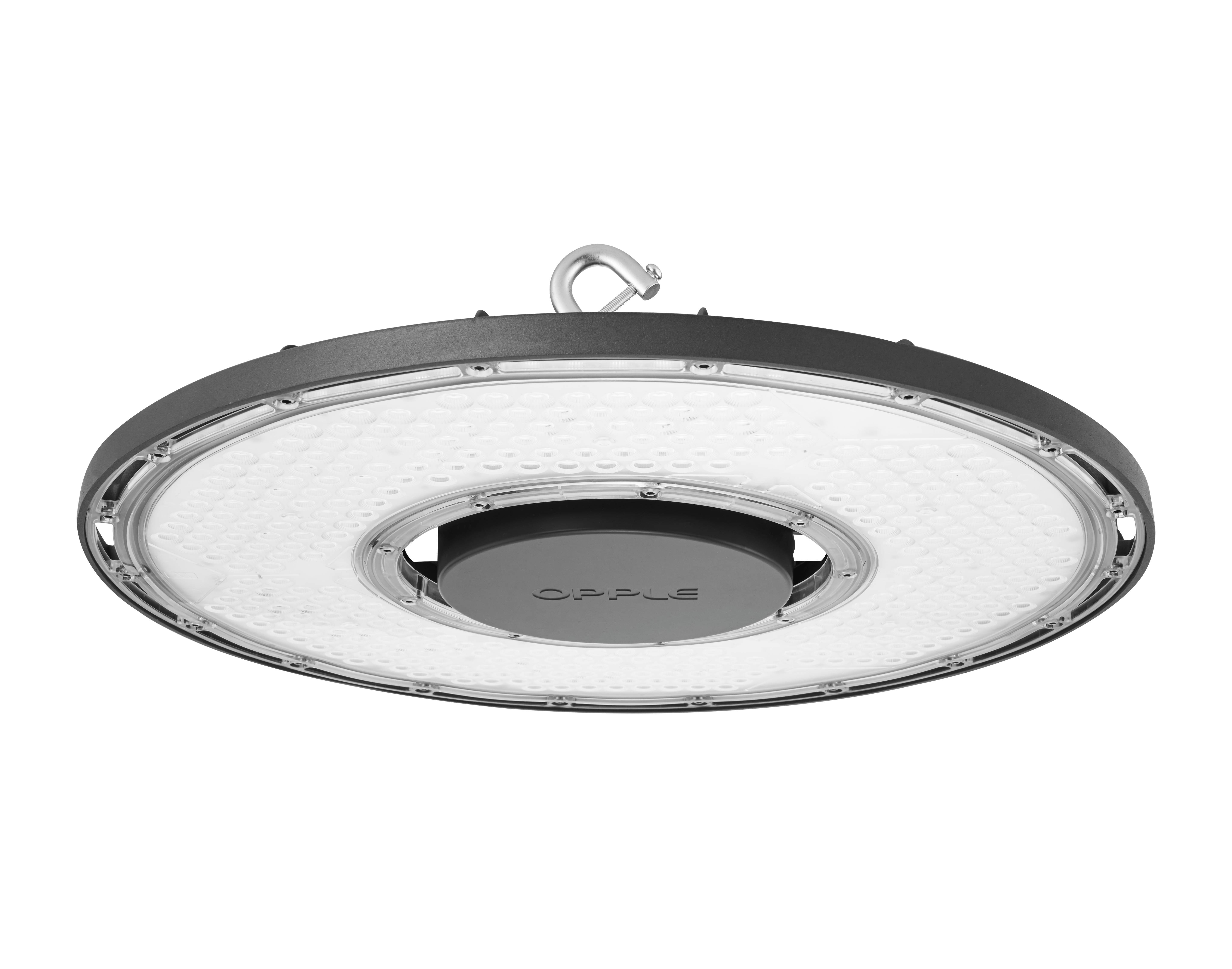 Moderner runder LED-Hallenstrahler mit schwarzem Gehäuse und zentralem Aufhängehaken vor schwarzem Hintergrund.