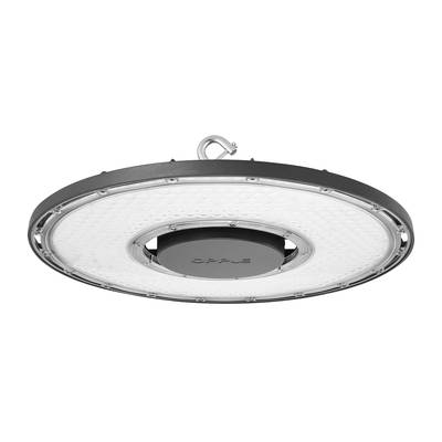 Eine runde LED-Leuchte mit weißem Licht und einem schwarzen Metallgehäuse, aufgehängt an einem Haken, vor schwarzem Hintergrund.