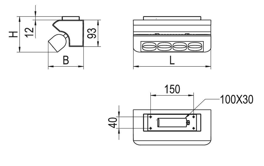 Technische Zeichnung eines rechteckigen Geräts mit Maßen: Höhe 12 mm, Breite 93 mm, Länge 150 mm. Draufsicht zeigt 100x30 mm Bereich.