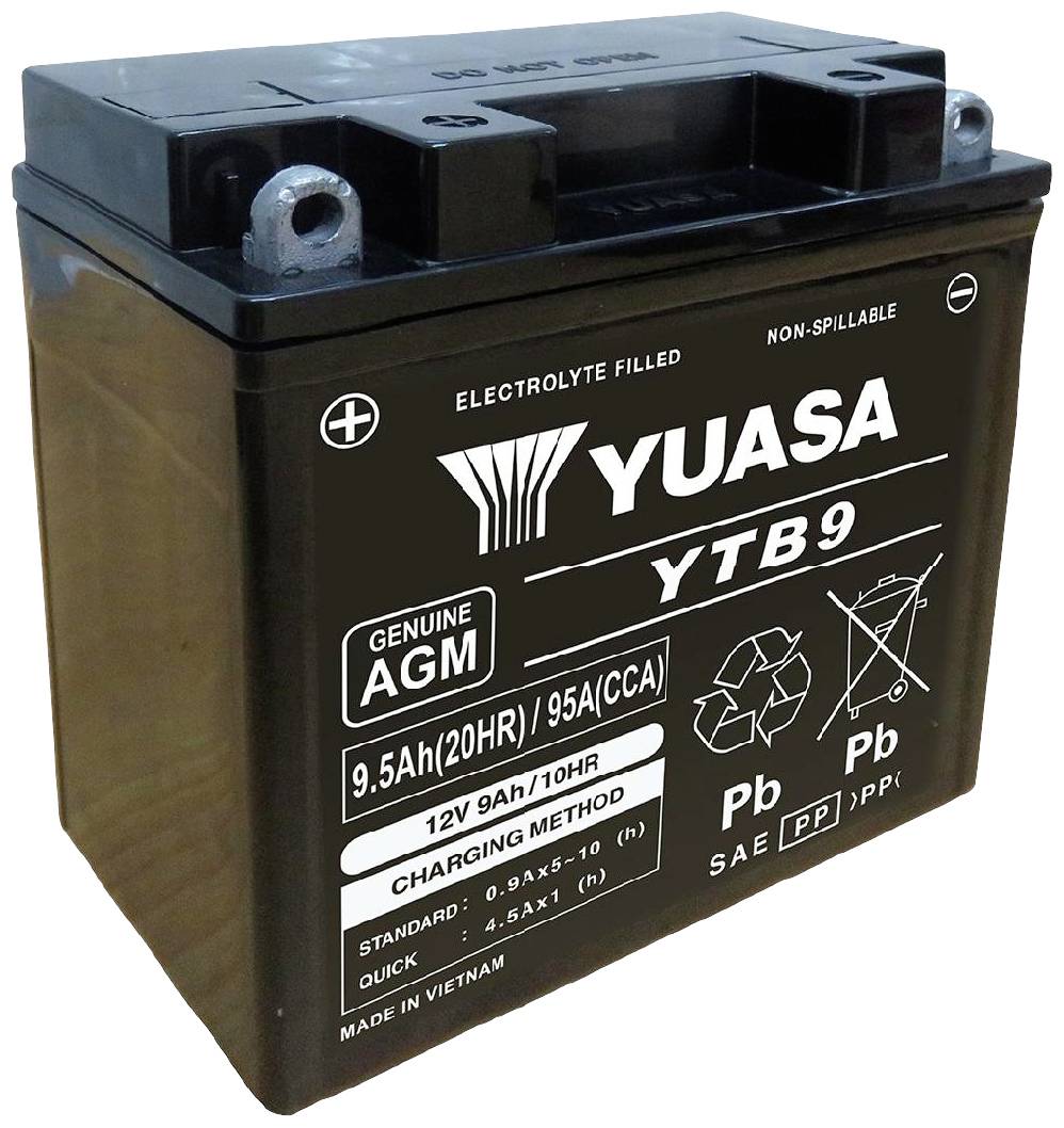 Schwarze Yuasa-Batterie, Modell YTB9, 12V 9Ah, für Motorräder. AGM-Typ, zeigt Ladeanleitung und Nass-/Trockenhinweise.