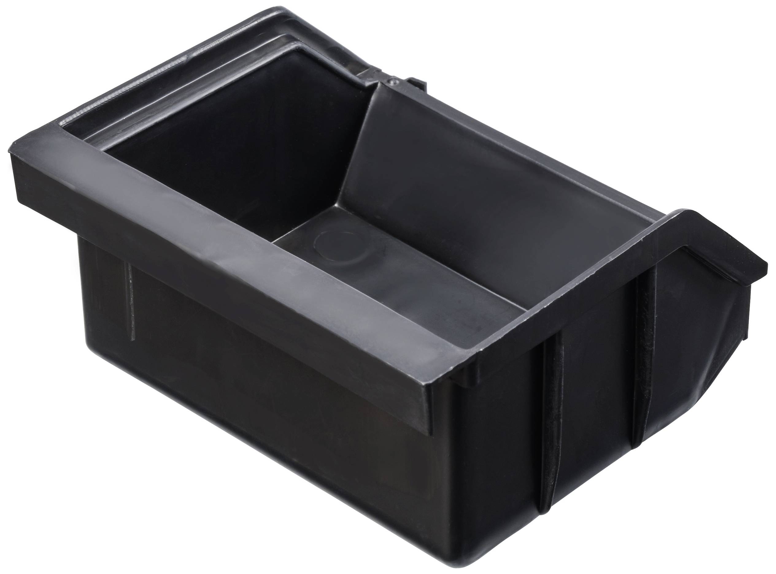 Schwarze, rechteckige Kunststoffbox mit hohen Seitenwänden, geeignet für Lagerung oder Transport von kleineren Gegenständen.