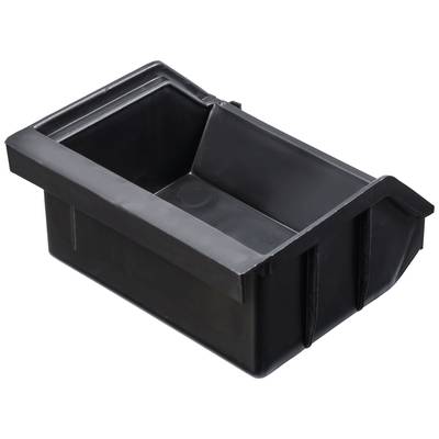 Schwarze, rechteckige Kunststoffbox mit hohen Seitenwänden, geeignet für Lagerung oder Transport von kleineren Gegenständen.
