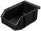 Schwarze Kunststoff-Aufbewahrungsbox mit offenen Seiten zum einfachen Zugriff, ideal für Werkstatt- oder Lagerregale.