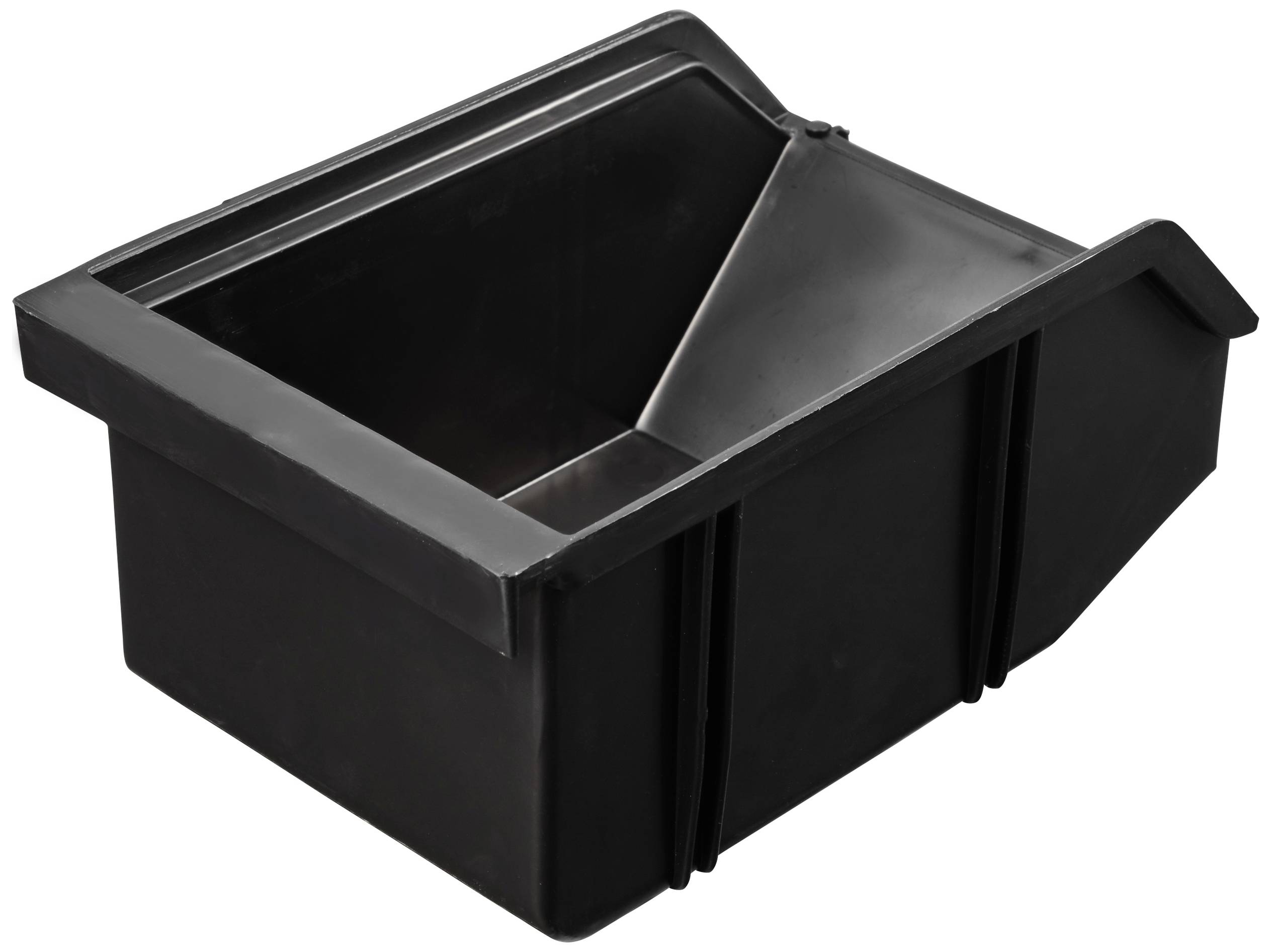 Ein schwarzer Kunststoffbehälter mit abgeschrägter Öffnung und erhöhtem Rand, geeignet für industrielle Anwendungen oder Lagerung.