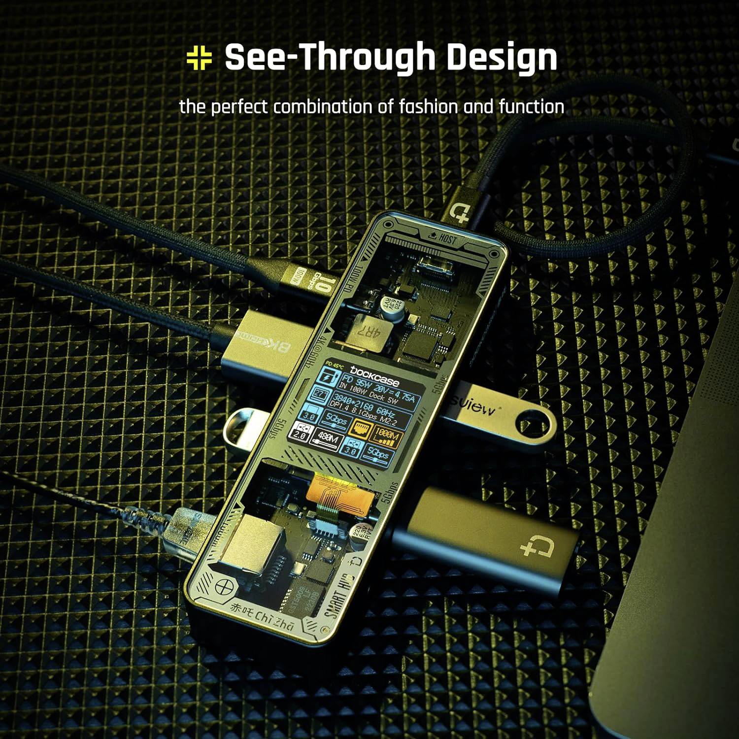 'See-Through Design' zeigt ein transparentes Gadget mit sichtbaren Komponenten, beworben als stilvoll und funktionell.