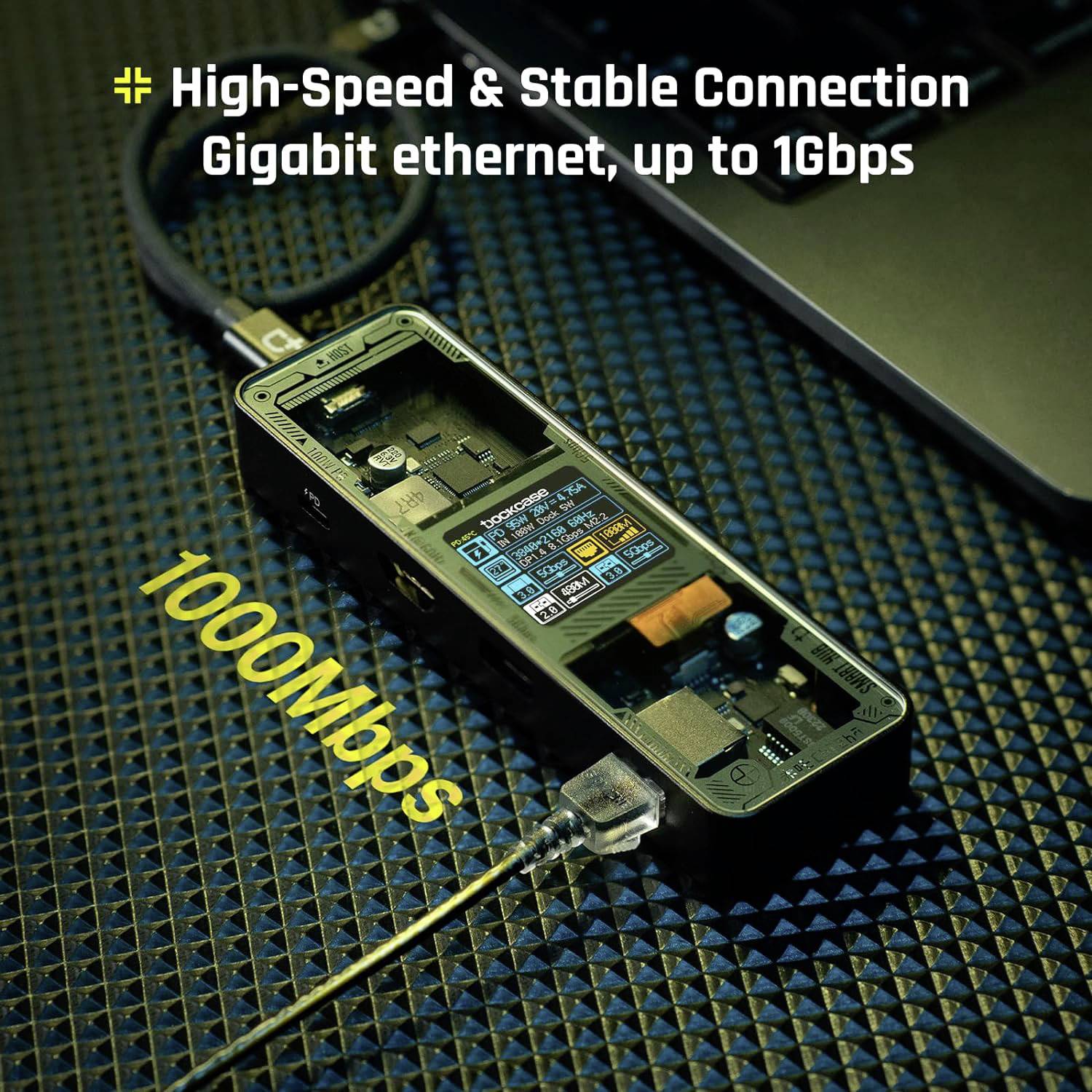 Das Bild zeigt einen Zahnradmechanismus, ein Netzwerkkabel und einen Laptop mit der Beschreibung 'Gigabit Ethernet, bis zu 1Gbps'.
