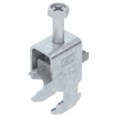 Eine metallische Klemme mit einer Schraube oben, mit der Aufschrift "OBO 8-12", die zum Befestigen von Kabeln oder elektrischen Komponenten verwendet wird.