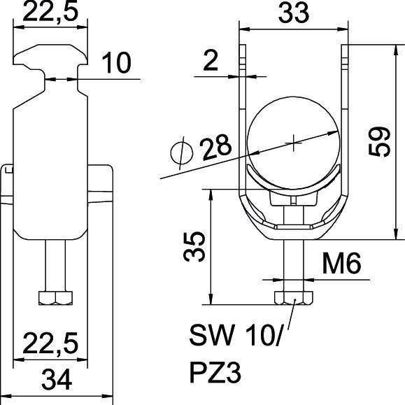 Technische Zeichnung eines Bolzens mit Abmessungen: Hauptteil 22,5 x 34 mm, Höhe 59 mm, Schraubengröße M6; Werkzeug SW 10/PZ3 erforderlich.