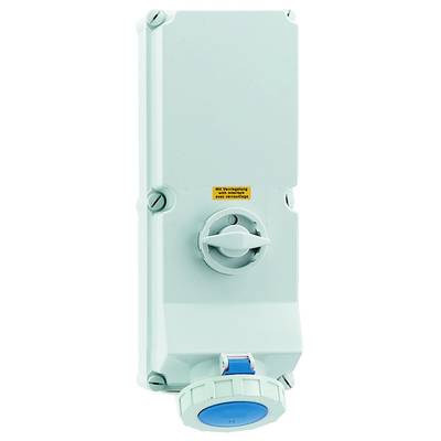 Weiße elektrische Schalttafel mit Drehknopf und Stecker. Sie dient zur Steuerung und Sicherheit elektrischer Geräte und Systeme.