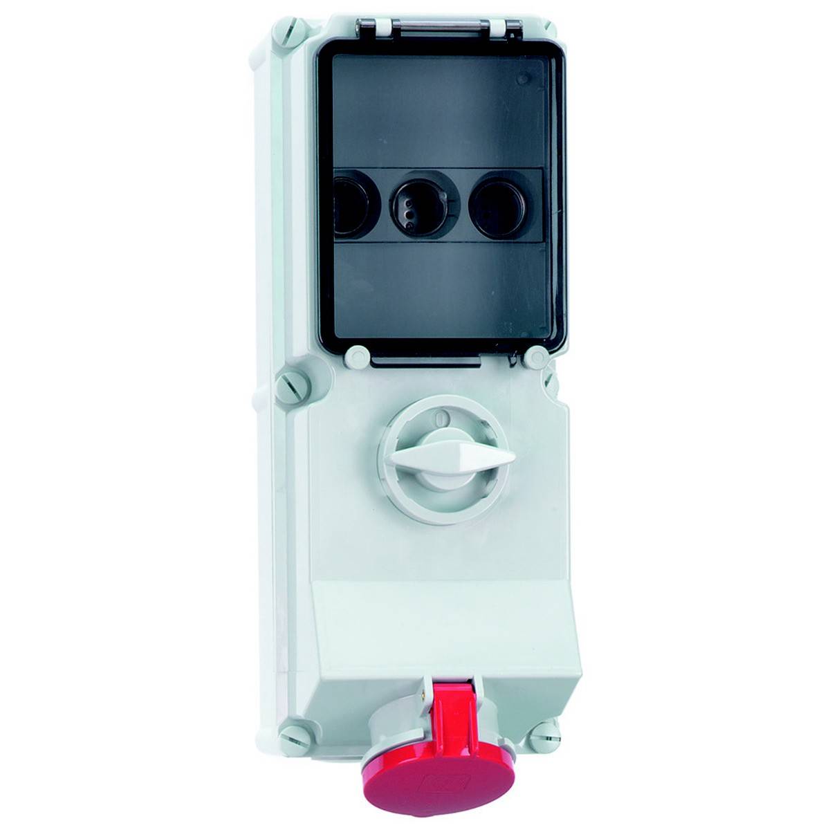 Electrical switch with a protective cover and red emergency stop button at the bottom, used in industrial settings.