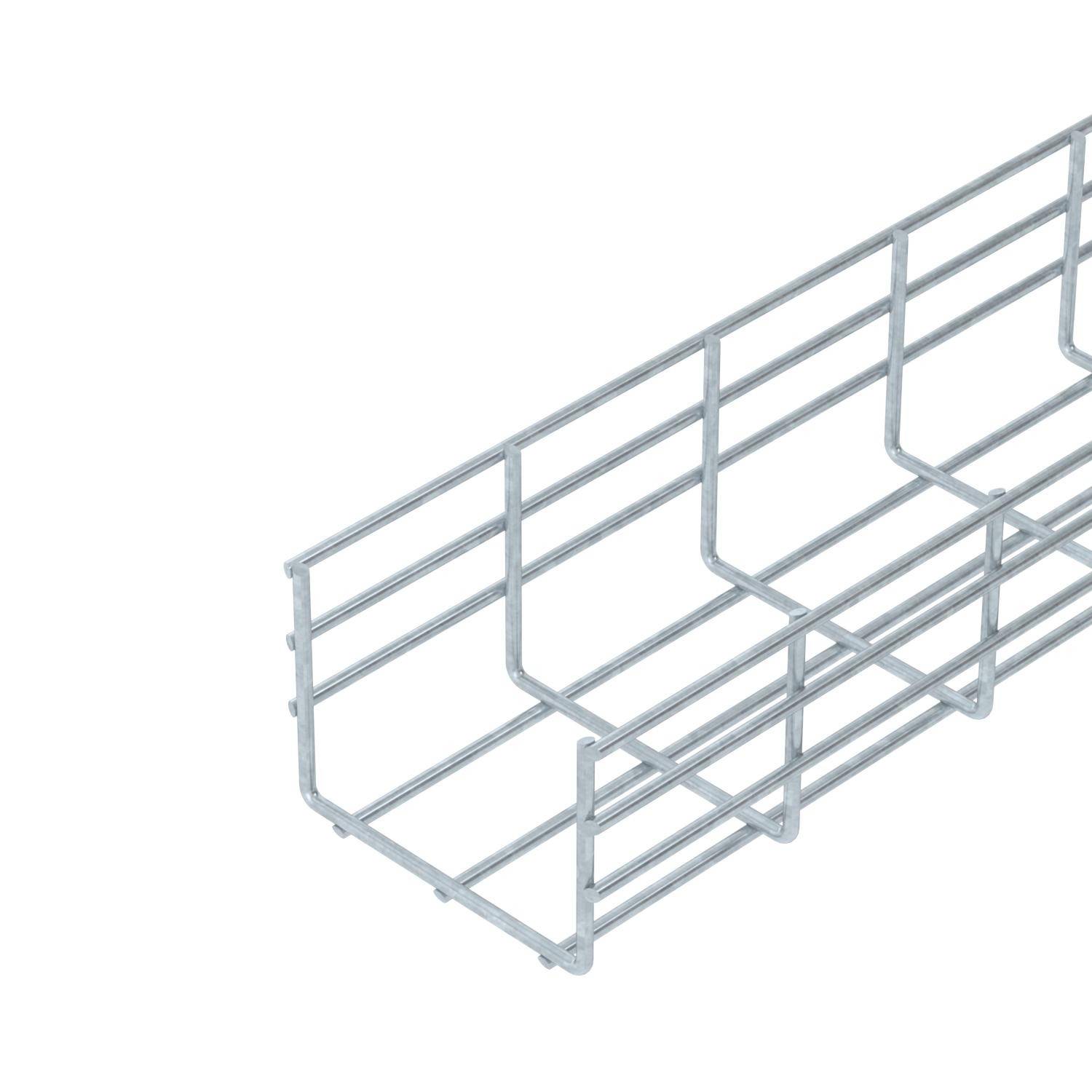 Ein silbernes Drahtkabelkanalsystem. Horizontal und vertikal ausgerichtete Streben formen ein rechteckiges Gittermuster.