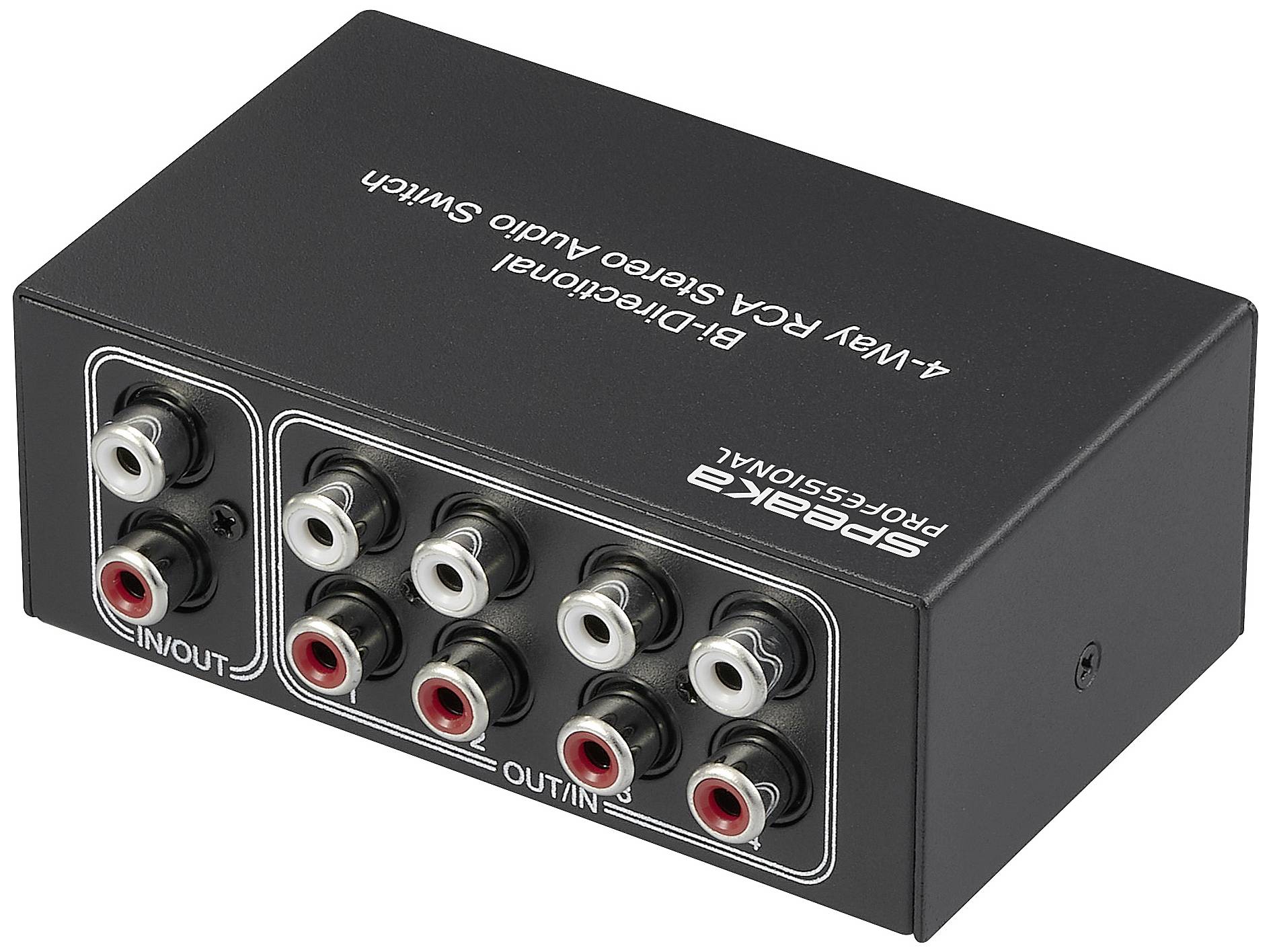 '4-Way RCA Stereo Audio Switch,' ein professioneller Audio-Umschalter mit 5 Eingängen und 4 Ausgängen für RCA-Anschlüsse.