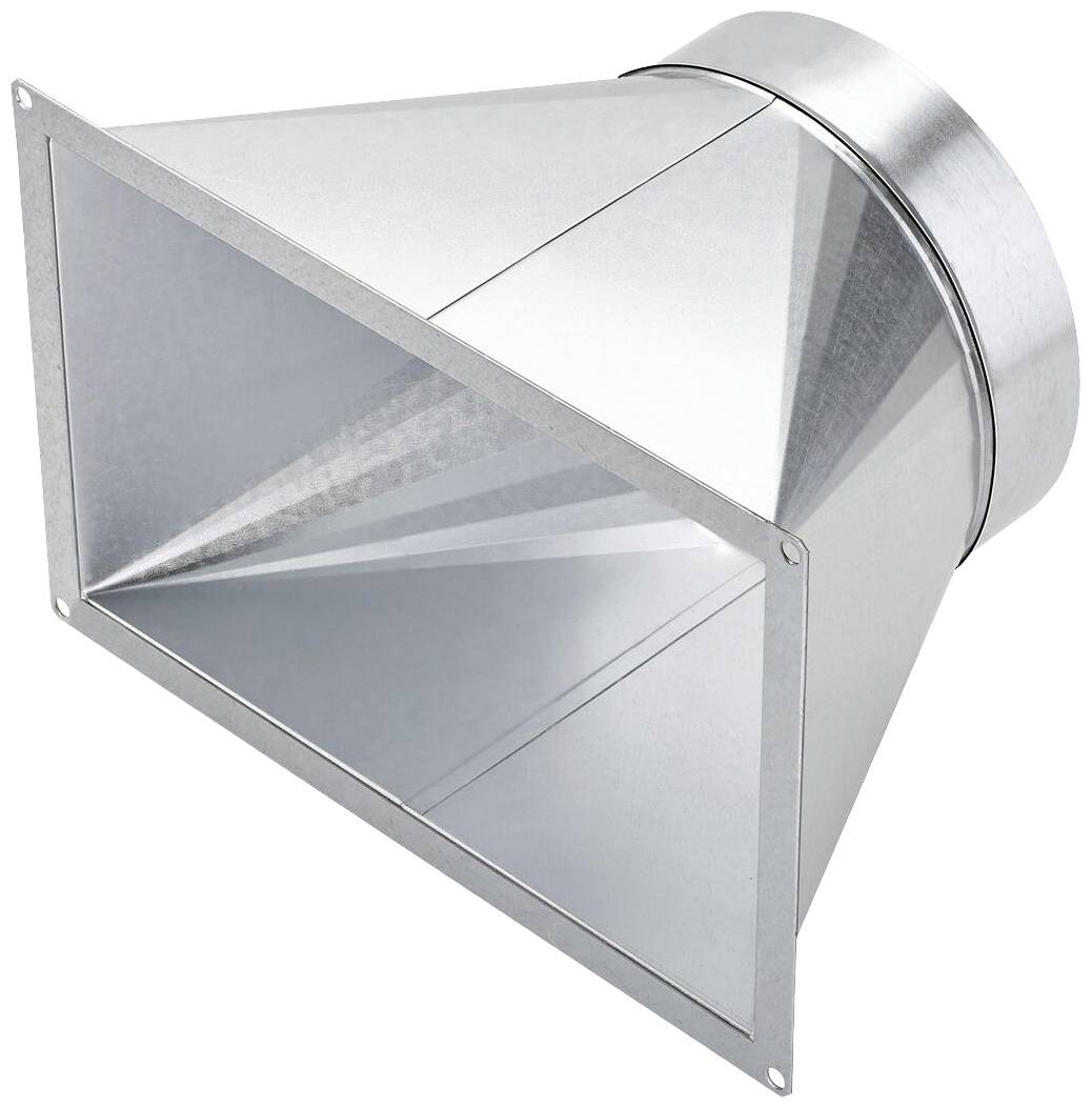 Metallischer Luftkanal-Adapter, konische Form, zur Verbindung von rechteckigen und runden Lüftungsrohren.