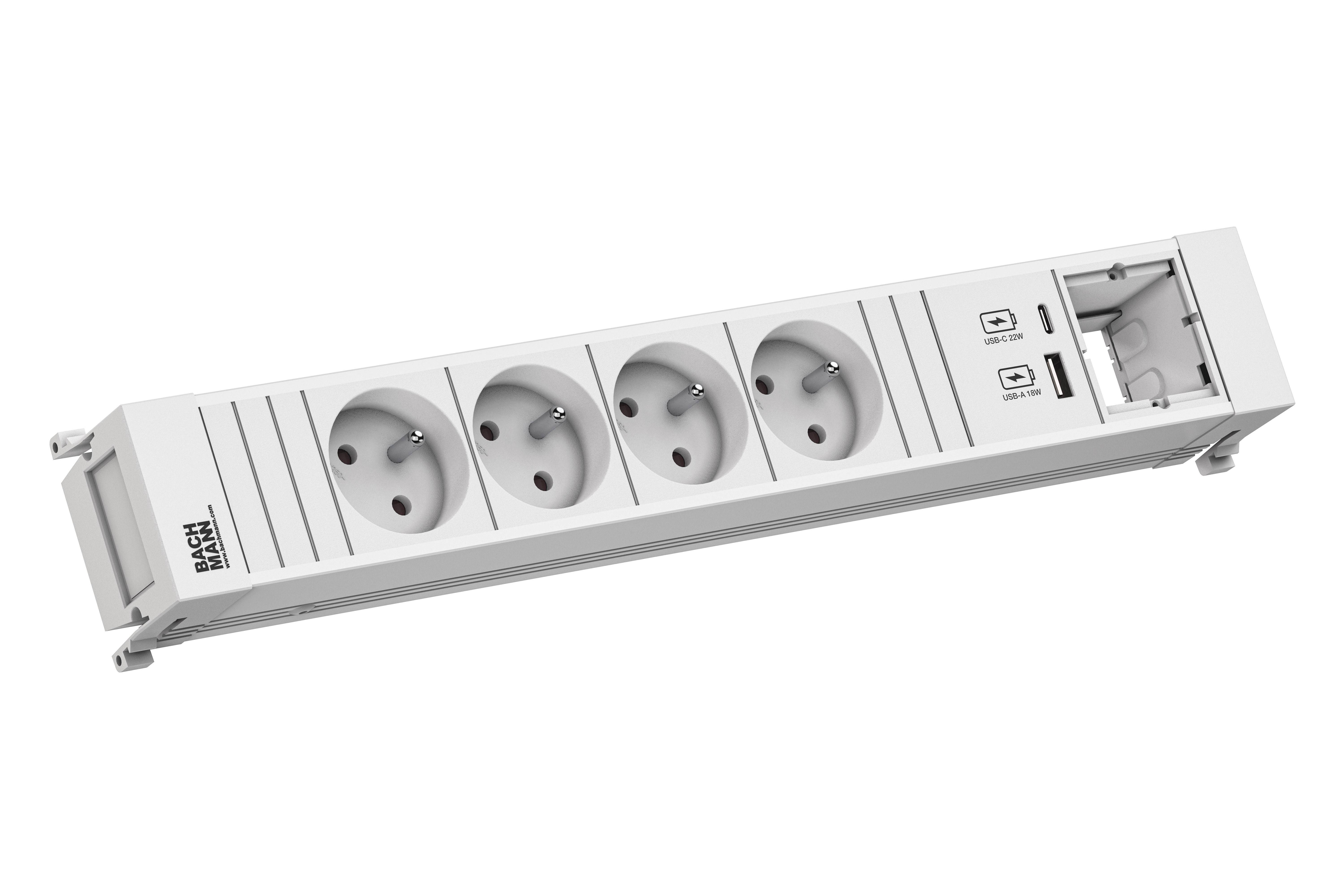 Mehrfachsteckdose mit vier Steckplätzen, zwei USB-Anschlüssen und einem offenen Fach, geeignet für Haushalts- und Bürogeräte.
