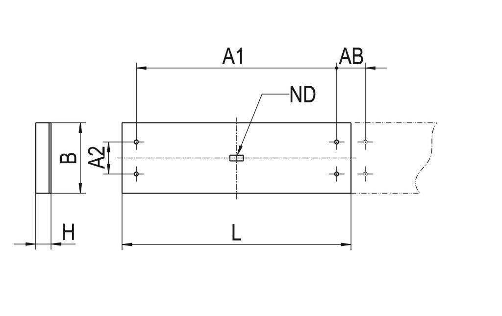 Technische Zeichnung eines rechteckigen Objekts mit Maßen A1, A2, AB, B, H, L und Position ND. Diagramm zeigt Bohrlöcher und Kanten.