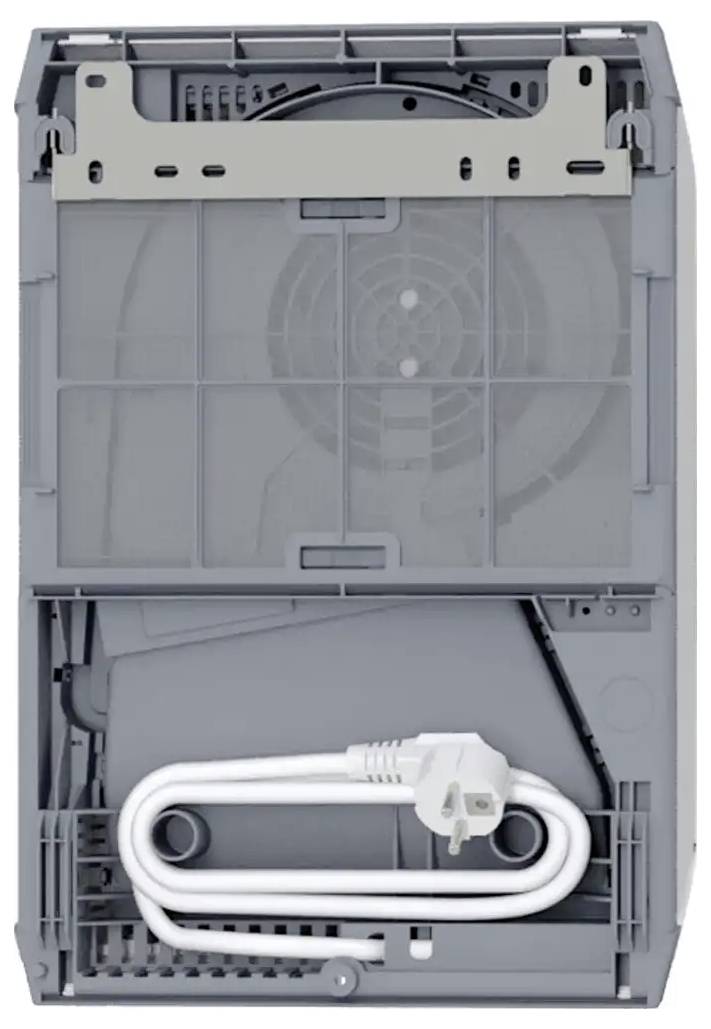 'Rückansicht eines zerlegten grauen Geräts mit sichtbaren inneren Strukturen, einer aufgerollten weißen Stromschnur und einem Stecker unten.'