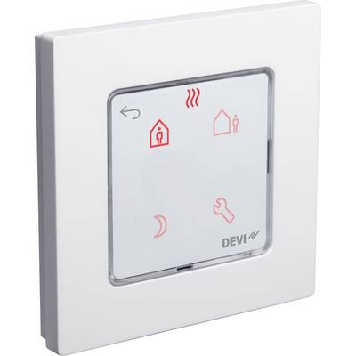 Ein Wandthermostat mit vier Symbolen: Haus, Heizung, Mond, Schraubenschlüssel. Markenname 'DEVI' unten rechts.