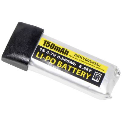 Eine kleine, rechteckige Lithium-Polymer-Batterie mit einer Kapazität von 150 mAh. Aufkleber zeigt Warnhinweise und technische Spezifikationen.