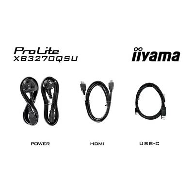 'Drei Kabel abgebildet: links Stromkabel, in der Mitte HDMI-Kabel, rechts USB-C-Kabel. Bezieht sich auf iiyama ProLite XB3270QSU.'