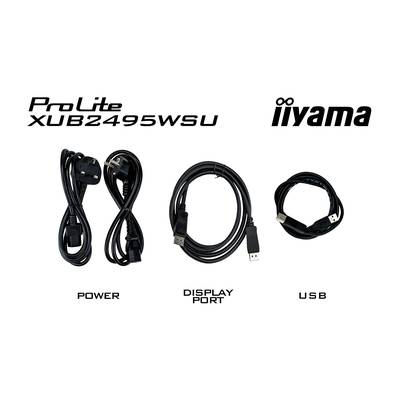 Drei Kabel des Modells 'ProLite XUB2495WSU' von iiyama: links Stromkabel (Power), in der Mitte DisplayPort-Kabel, rechts USB-Kabel.