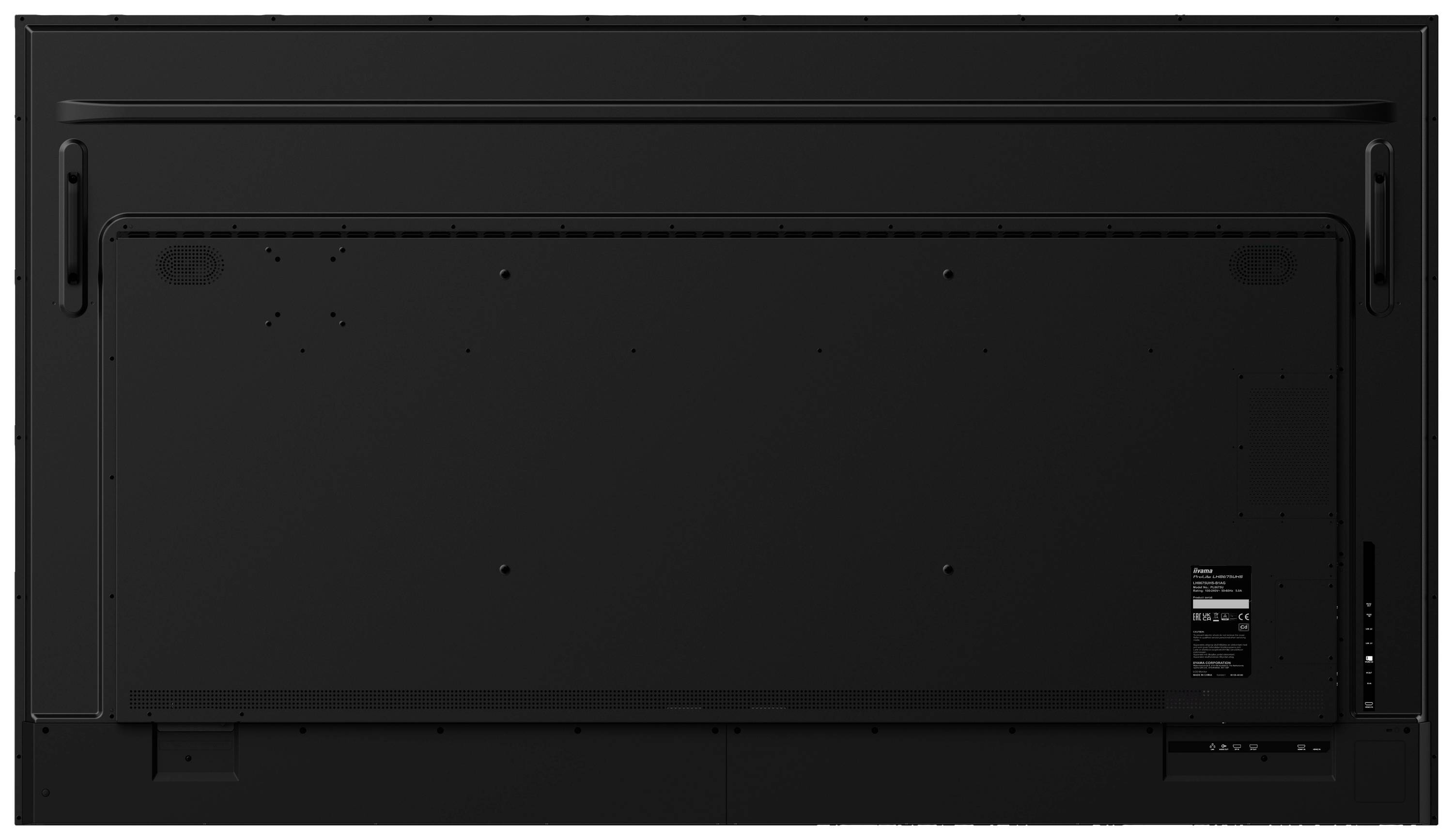 Rückseite eines großen, schwarzen Flachbildfernsehers. Sichtbar sind Befestigungspunkte und ein Informationsetikett unten rechts.