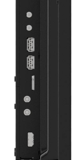 Seitenansicht eines schwarzen Laptops mit mehreren Anschlussports, darunter zwei USB-Anschlüsse, ein HDMI-Anschluss und zwei runde Audio-Anschlüsse.