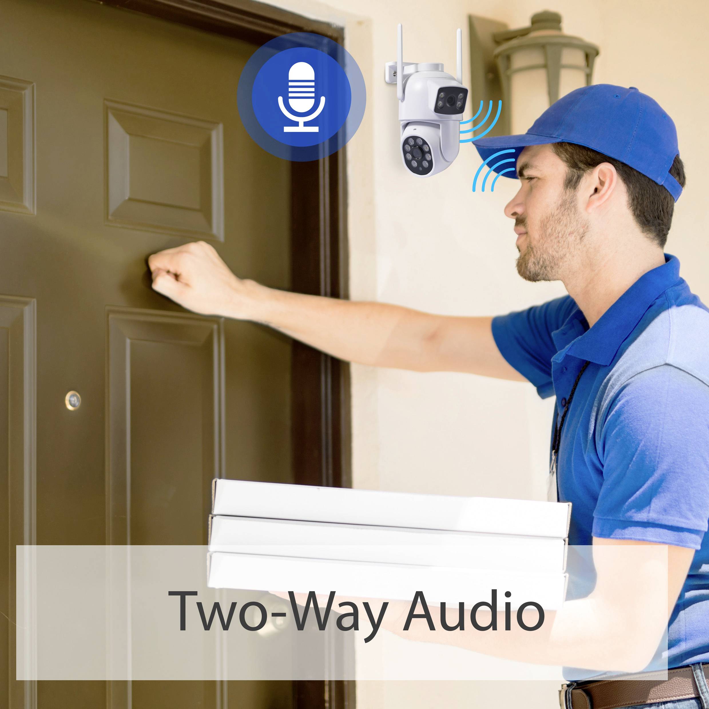 Ein Lieferant klingelt an der Tür, während eine Kamera mit Mikrofon im Gesprächsmodus aktiv ist. Text: 'Two-Way Audio'.