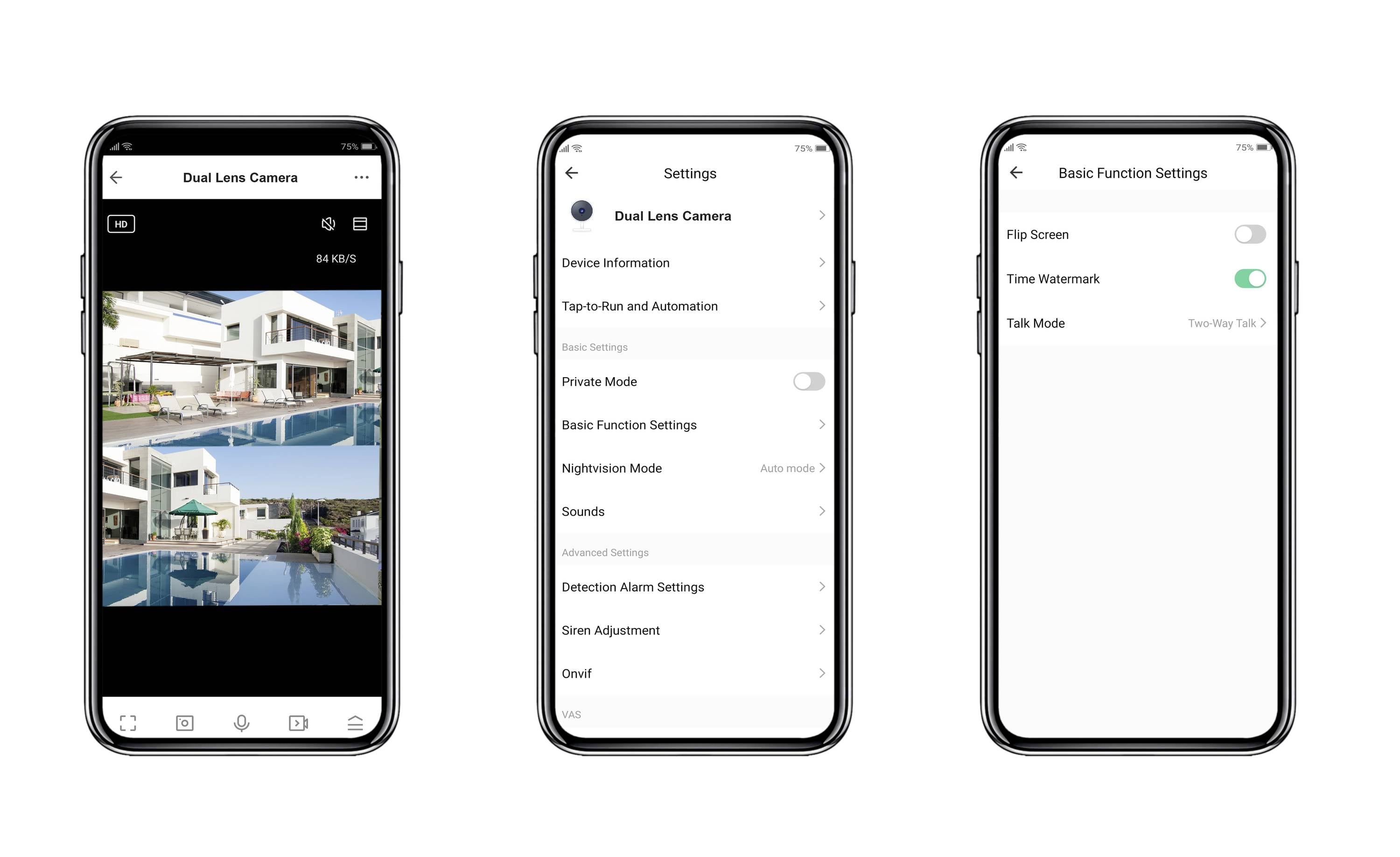 'Drei Smartphone-Bildschirme zeigen Kameraeinstellungen: eine App mit Dual-Lens-Ansicht, allgemeine Einstellungen, und Basisfunktionen.'