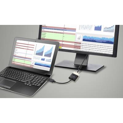 'Laptop und Monitor zeigen Tabellen und Diagramme mit Datenanalysen. Der Laptop ist über ein Kabel mit dem Monitor verbunden.'