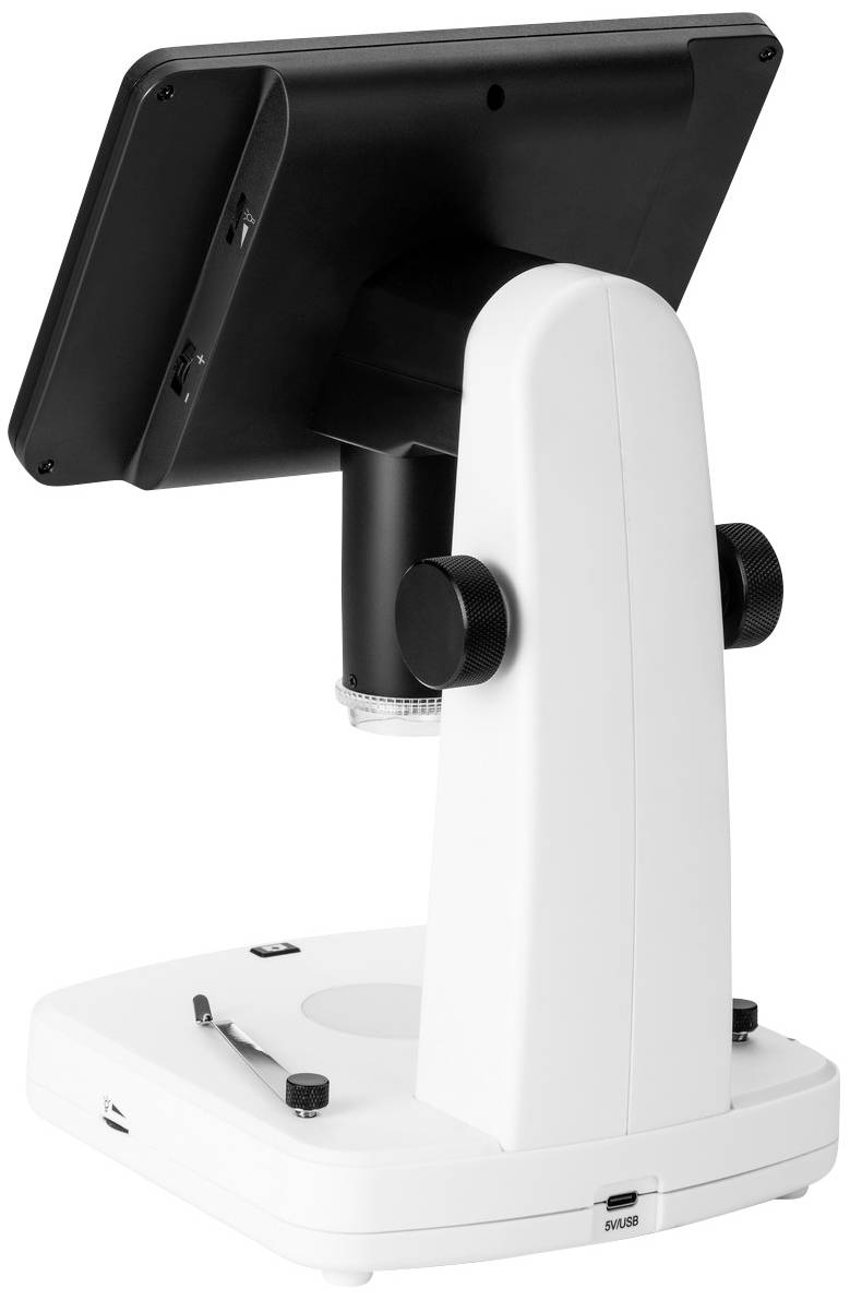Digitalmikroskop mit verstellbarem Bildschirm, schwarz-weißes Gehäuse, Drehrad zur Fokussierung, geeignet für präzise Untersuchungen.
